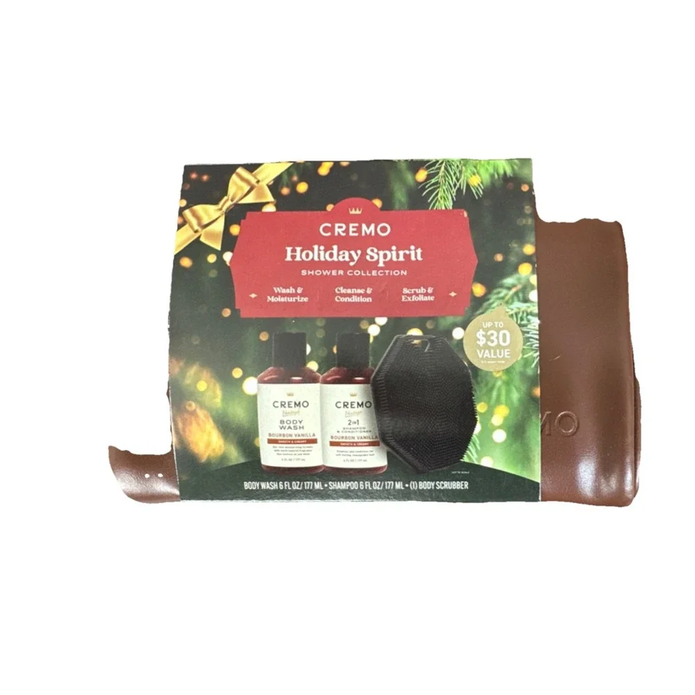 NWT! CREMO Shower Collection Bath Set Bourbon Vanilla. Shampoo, wash, scrubber.